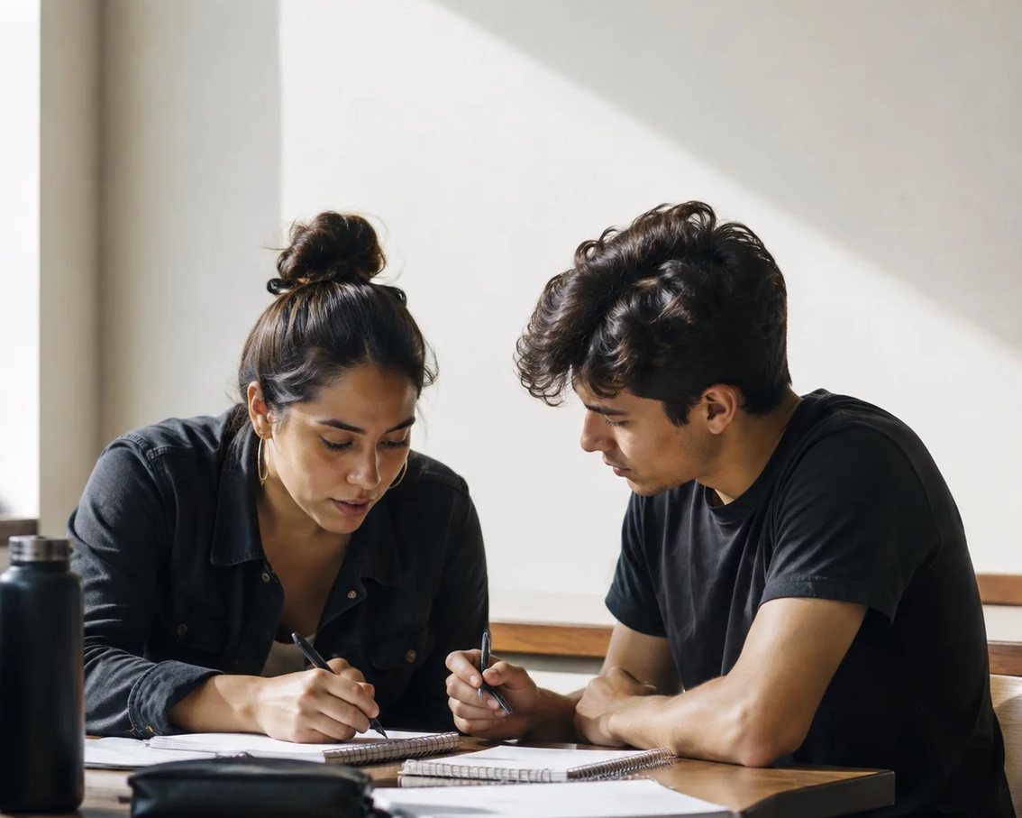 Duas pessoas conversando de pé no corredor de estantes de uma biblioteca