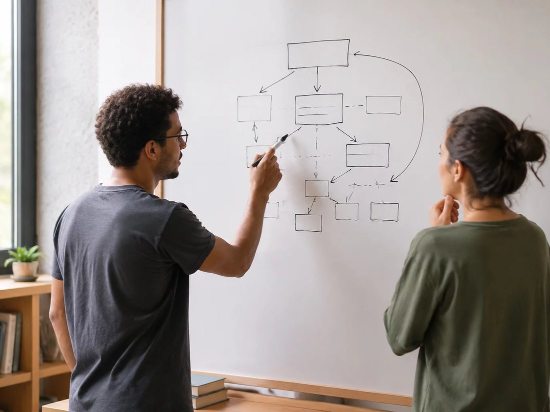 Duas pessoas diante de um quadro branco com um mapa de argumento feito à mão